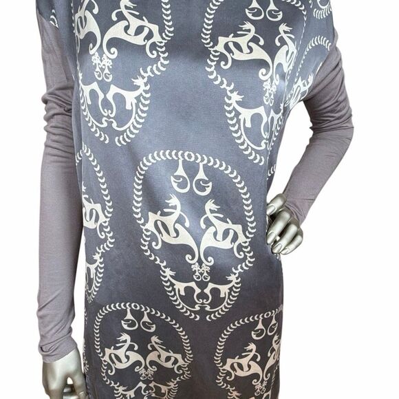 Thomas Wylde Scull Graphic Long Sleeve Oversized Tunic Silk Dress – Gray S /M (0 - Picture 3 of 14